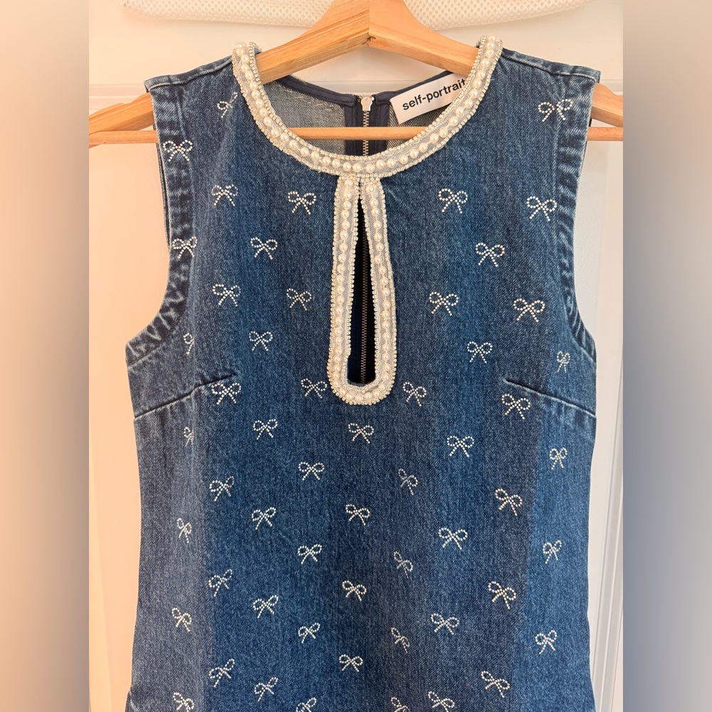 NWOT Self-Portrait DENIM DIAMANTE BOW MINI DRESS - Picture 8 of 17